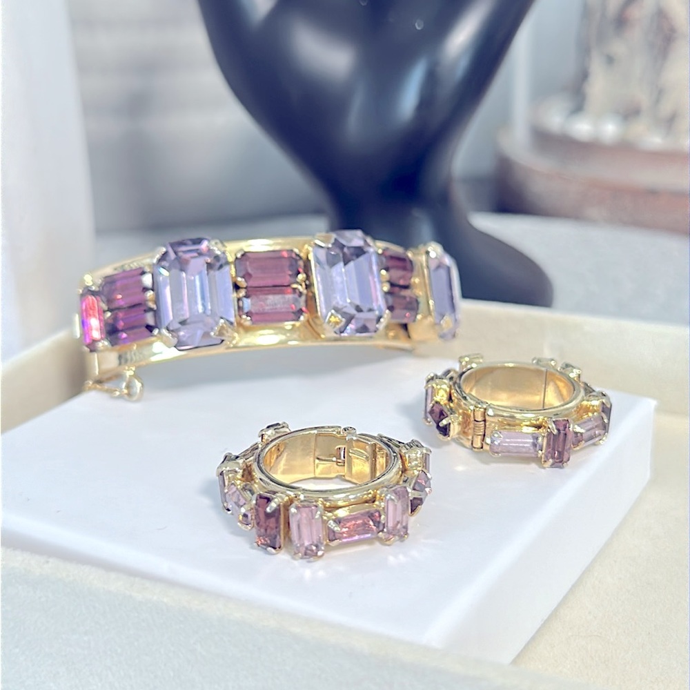 VTG Gold Tone Purple Glass Bezeled Cuff Bracelet & Matching Clip-on Earrings